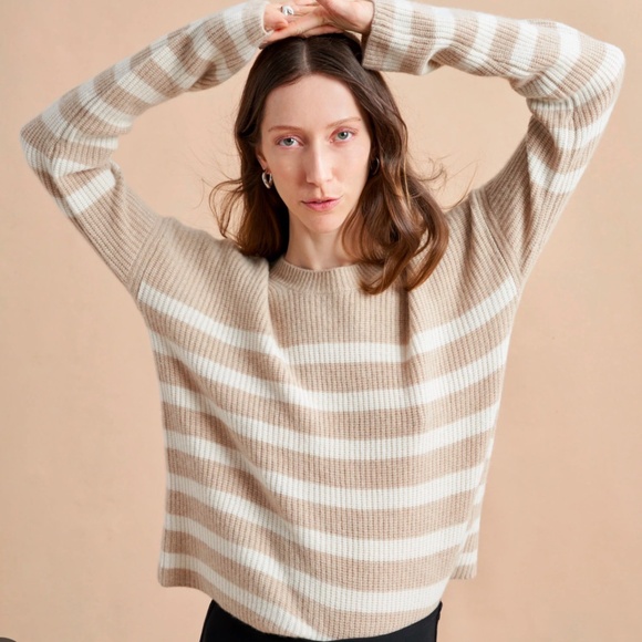 La Ligne Cashmere Mini Striped Toujours Sweater BRAND NEW XL in TAN - Picture 2 of 4